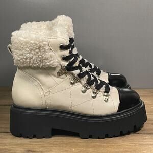 Steve Madden Women's Reyen Lug Sole Boots Size 6 White Black Chunky Lace Up